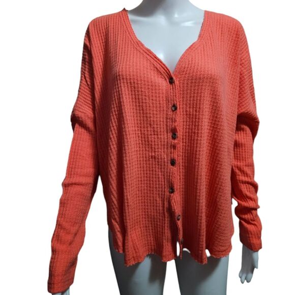 Urban Outfitters Out From Under Waffle Knit Button Front Top in Salmon - Picture 1 of 6